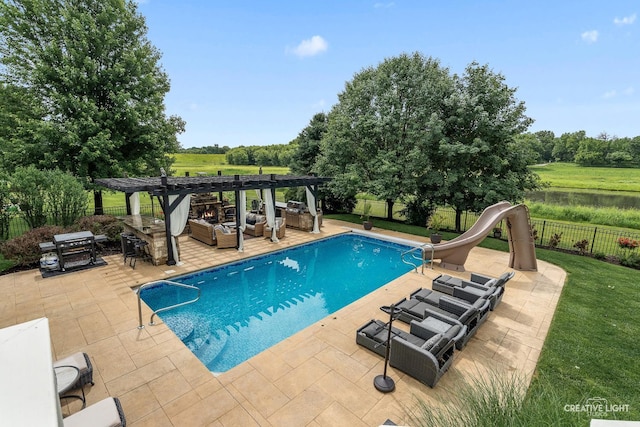 40W379 E Laura Ingalls Wilder Rd, Saint Charles, IL 60175 - view of swimming pool with a water slide, a pergola, an outdoor hangout area, and a patio area
