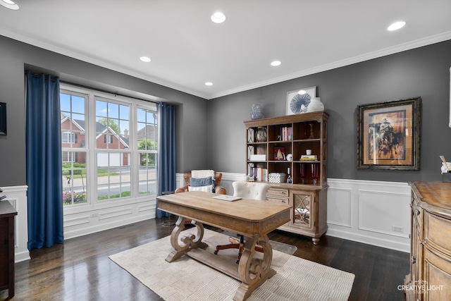 40W379 E Laura Ingalls Wilder Rd, Saint Charles, IL 60175 - office with a wainscoted wall, crown molding, dark wood-style floors, recessed lighting, and a decorative wall