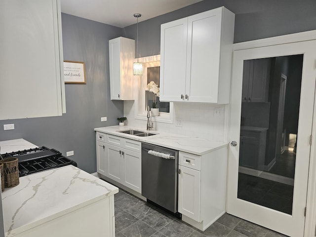 12136 S Wentworth Ave, Chicago, IL 60628 - kitchen with stainless steel dishwasher, white cabinetry, light stone countertops, hanging light fixtures, and decorative backsplash