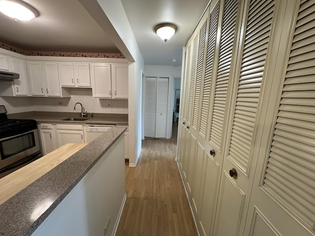 900 E Wilmette Rd Unit 411, Palatine, IL 60074 - kitchen featuring stainless steel stove, light wood-type flooring, dishwasher, range hood, and white cabinetry