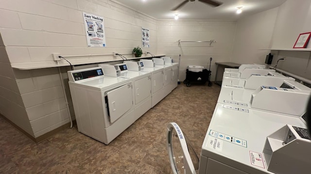 900 E Wilmette Rd Unit 411, Palatine, IL 60074 - community laundry room with washer and dryer, a ceiling fan, tile patterned floors, and concrete block wall