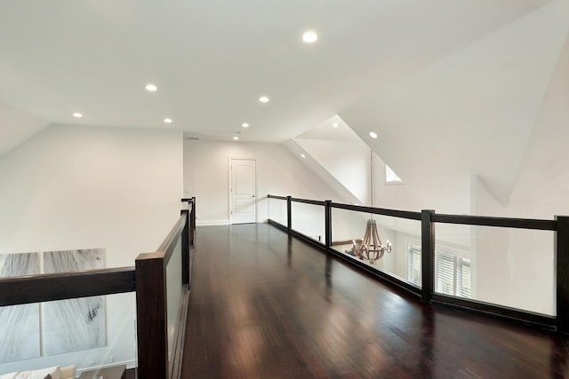 1630 Ridge Rd, Highland Park, IL 60035 - hallway with an upstairs landing, lofted ceiling, recessed lighting, and dark wood-style floors