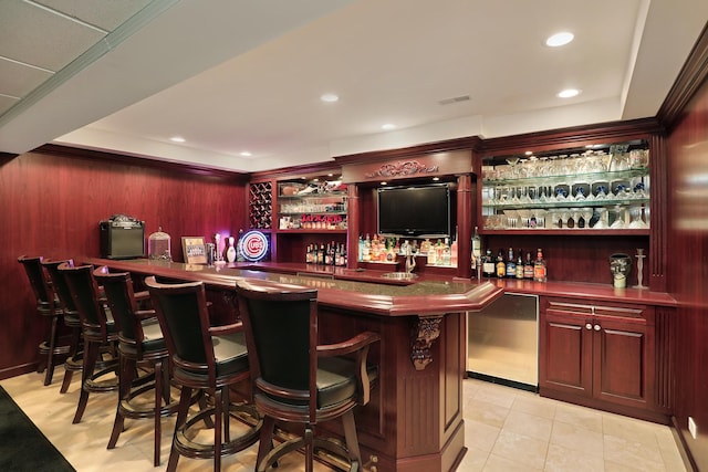 1630 Ridge Rd, Highland Park, IL 60035 - indoor wet bar with recessed lighting, refrigerator, wooden walls, light tile patterned floors, and dishwasher