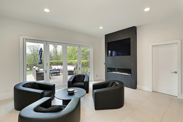 1630 Ridge Rd, Highland Park, IL 60035 - living room with a high end fireplace, recessed lighting, light tile patterned flooring, and french doors