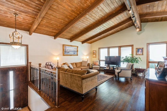 4841 W Lunt Ave, Lincolnwood, IL 60712 - living area with wood ceiling, dark wood-type flooring, and a chandelier