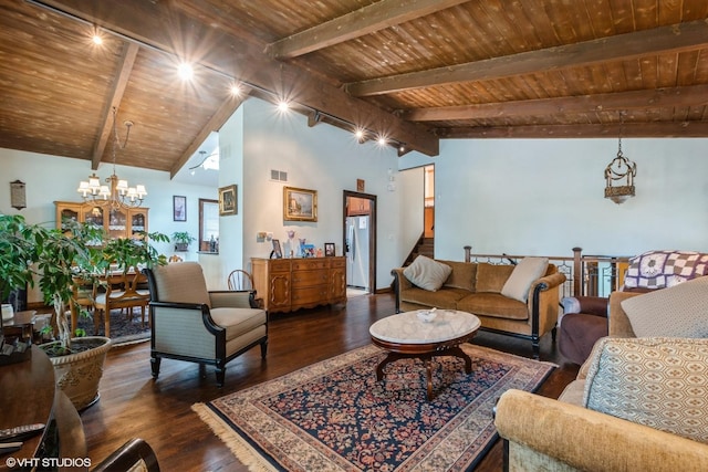 4841 W Lunt Ave, Lincolnwood, IL 60712 - living room featuring a chandelier, wood ceiling, and dark wood-style floors