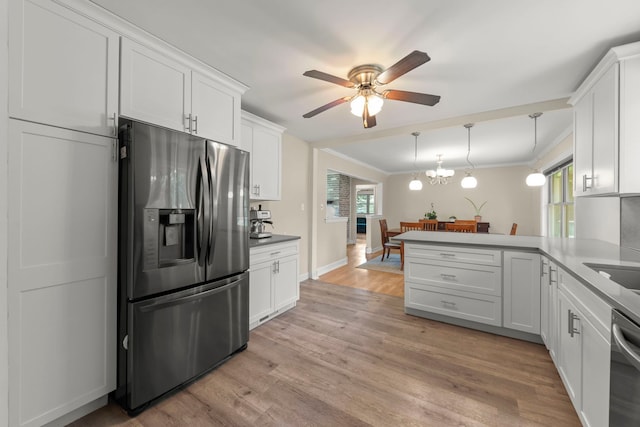 2839 School St, Flossmoor, IL 60422 - kitchen with appliances with stainless steel finishes, ceiling fan, a peninsula, white cabinetry, and ornamental molding