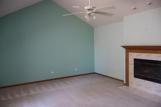 19443 Trenton Way, Mokena, IL 60448 - unfurnished living room featuring carpet floors, a ceiling fan, lofted ceiling, and a tiled fireplace