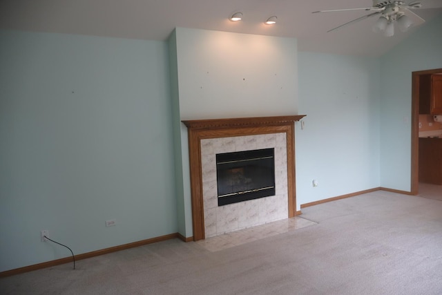 19443 Trenton Way, Mokena, IL 60448 - unfurnished living room with light colored carpet, ceiling fan, and a tile fireplace
