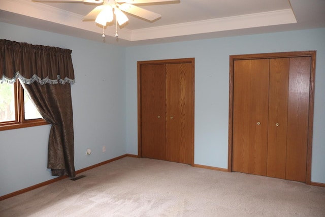 19443 Trenton Way, Mokena, IL 60448 - unfurnished bedroom with a raised ceiling, crown molding, two closets, light colored carpet, and ceiling fan