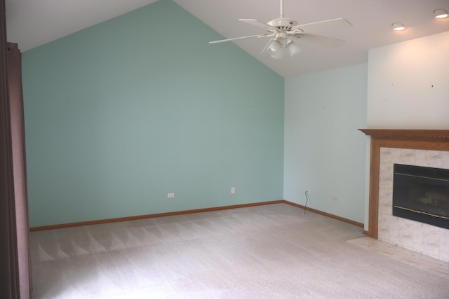 19443 Trenton Way, Mokena, IL 60448 - unfurnished living room featuring carpet flooring, ceiling fan, vaulted ceiling, and a tile fireplace