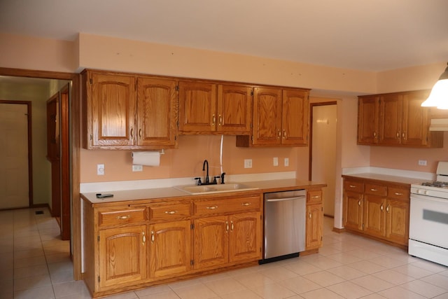 19443 Trenton Way, Mokena, IL 60448 - kitchen featuring dishwasher, white range with gas stovetop, brown cabinets, light countertops, and light tile patterned floors
