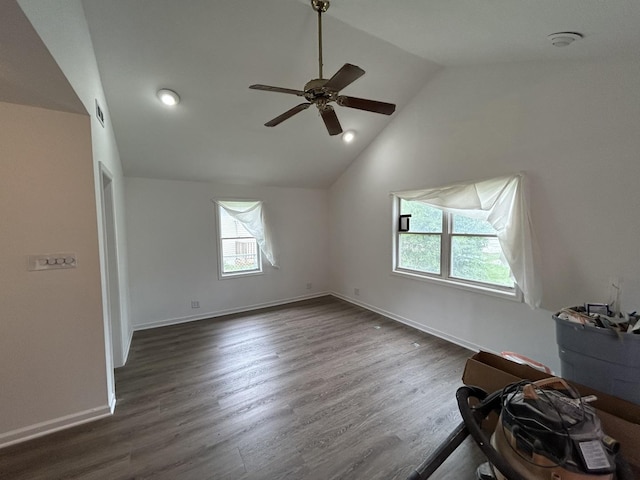 37706 N Nippersink Pl, Spring Grove, IL 60081 - empty room featuring healthy amount of natural light, a ceiling fan, vaulted ceiling, dark wood-style floors, and a smoke detector