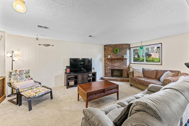 2135 N Haig Ct, Palatine, IL 60074 - living area featuring light colored carpet, a textured ceiling, and a brick fireplace