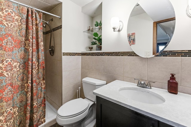 2135 N Haig Ct, Palatine, IL 60074 - full bathroom featuring vanity, tile walls, a shower stall, and a wainscoted wall