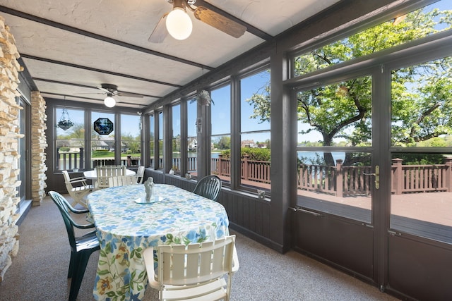 10 Shoreside Dr, South Barrington, IL 60010 - sunroom with ceiling fan, a water view, and outdoor dining space