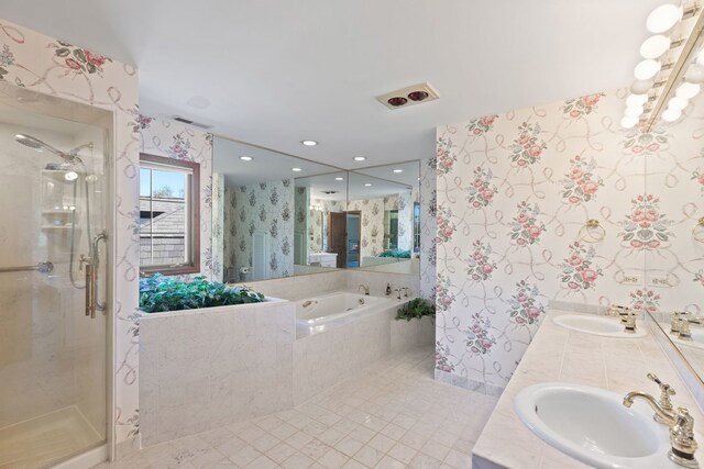 10 Shoreside Dr, South Barrington, IL 60010 - full bathroom with wallpapered walls, a shower stall, double vanity, tile patterned flooring, and a garden tub
