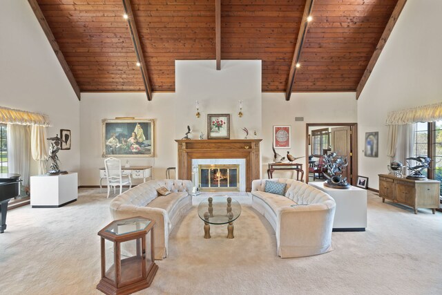 10 Shoreside Dr, South Barrington, IL 60010 - living room with a wood ceiling with exposed beams, carpet flooring, high vaulted ceiling, a glass covered fireplace, and rail lighting
