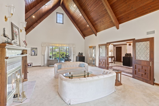 10 Shoreside Dr, South Barrington, IL 60010 - living area featuring a wood ceiling with exposed beams, high vaulted ceiling, a glass covered fireplace, and carpet