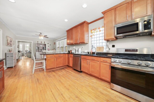 3115 N Marmora Ave, Chicago, IL 60634 - kitchen featuring stainless steel appliances, crown molding, a peninsula, light wood finished floors, and a ceiling fan