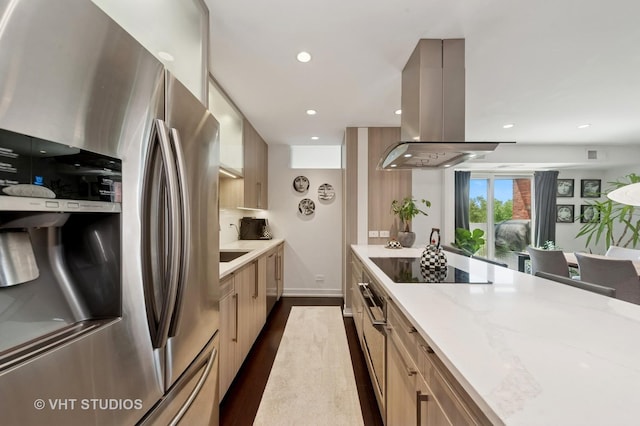 3700 Capri Ct Unit 607, Glenview, IL 60025 - kitchen featuring stainless steel fridge with ice dispenser, island range hood, black electric stovetop, dark wood-style flooring, and recessed lighting