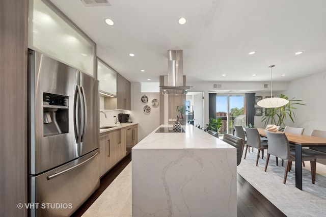 3700 Capri Ct Unit 607, Glenview, IL 60025 - kitchen featuring stainless steel fridge, modern cabinets, a center island, black electric stovetop, and recessed lighting