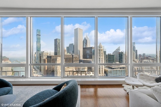 401 N Wabash Ave Unit 32J, Chicago, IL 60611 - living room featuring wood finished floors, a view of skyline, and a wall of windows