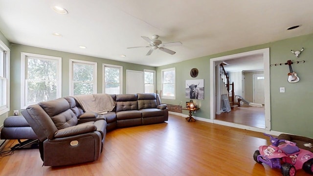 16 W George St, Sullivan, IL 61951 - living area featuring ceiling fan, wood finished floors, and recessed lighting