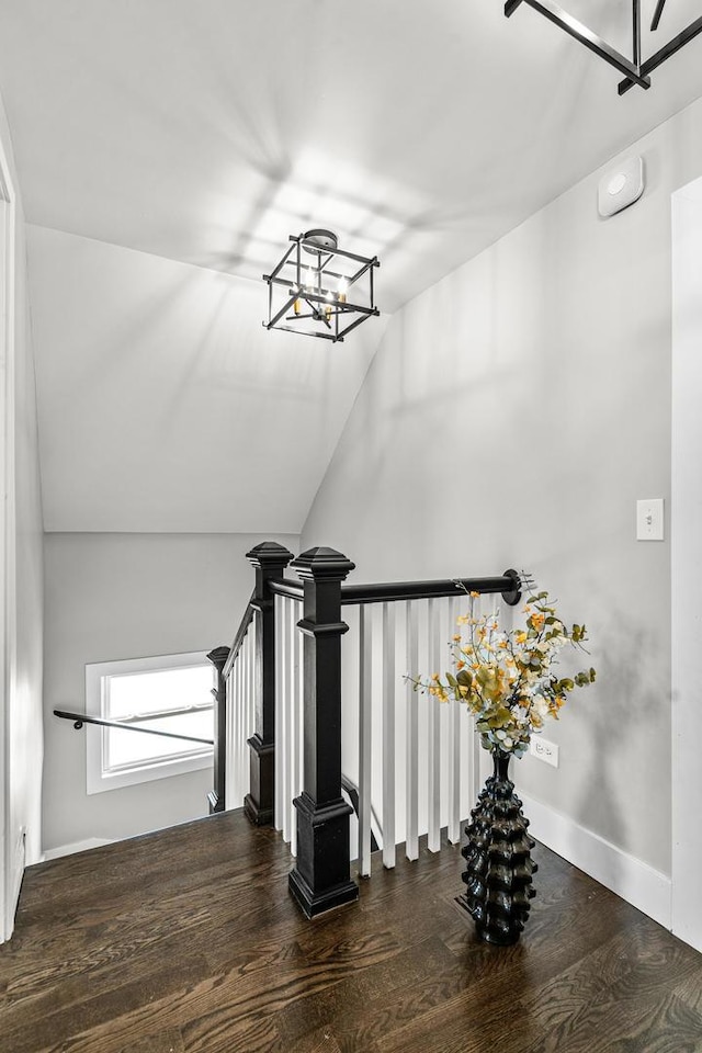 1212 Wesley Ave, Berwyn, IL 60402 - stairs featuring wood finished floors, a chandelier, and vaulted ceiling