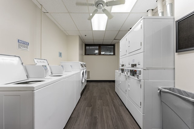 680 S Federal St Unit 409, Chicago, IL 60605 - shared laundry room with stacked washer / dryer, ceiling fan, washing machine and clothes dryer, and dark wood-style floors