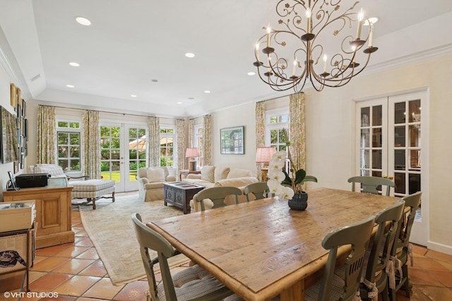1415 Keystone Ave, River Forest, IL 60305 - dining area featuring french doors, recessed lighting, crown molding, a chandelier, and light tile patterned flooring