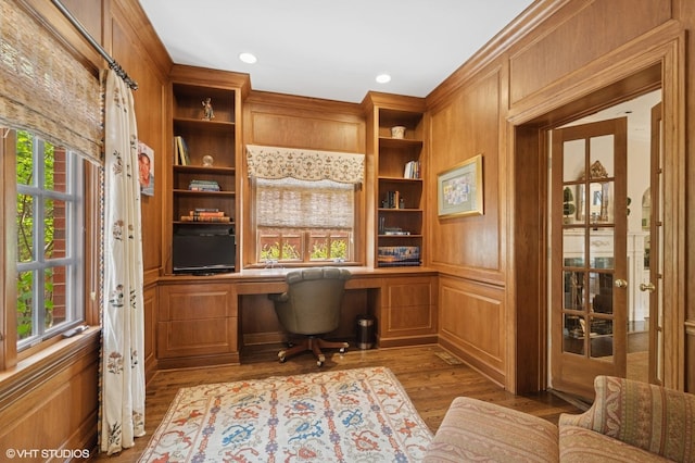 1415 Keystone Ave, River Forest, IL 60305 - office space with built in study area, wood finished floors, wooden walls, and recessed lighting