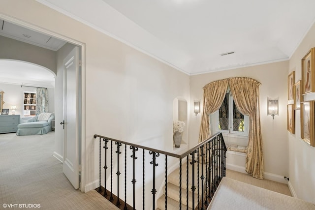 1415 Keystone Ave, River Forest, IL 60305 - hallway with an upstairs landing, arched walkways, carpet flooring, and crown molding