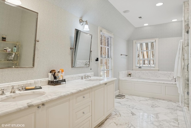 1415 Keystone Ave, River Forest, IL 60305 - full bath featuring a bath, double vanity, marble look tile flooring, recessed lighting, and wallpapered walls
