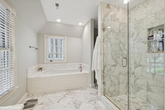 1415 Keystone Ave, River Forest, IL 60305 - full bathroom featuring a bath, a stall shower, and marble finish floors