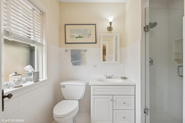 1415 Keystone Ave, River Forest, IL 60305 - full bath featuring tile walls, a shower stall, vanity, and wallpapered walls