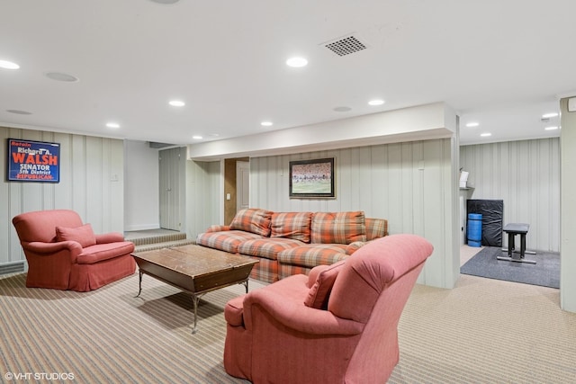 1415 Keystone Ave, River Forest, IL 60305 - living room with carpet, recessed lighting, and wood walls