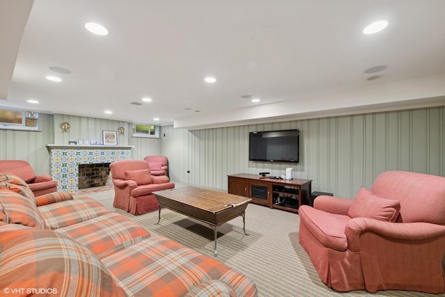 1415 Keystone Ave, River Forest, IL 60305 - living room with a decorative wall, a fireplace, recessed lighting, and carpet flooring