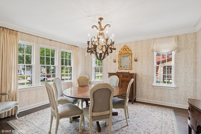 1415 Keystone Ave, River Forest, IL 60305 - dining area with wallpapered walls, a chandelier, wood finished floors, and crown molding