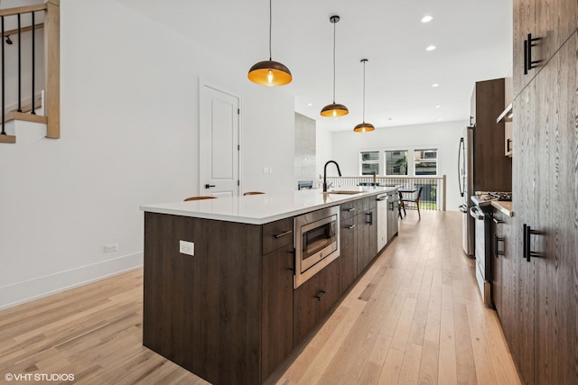 4535 S Evans Ave, Chicago, IL 60653 - kitchen with modern cabinets, appliances with stainless steel finishes, a large island with sink, dark brown cabinets, and light wood-style floors