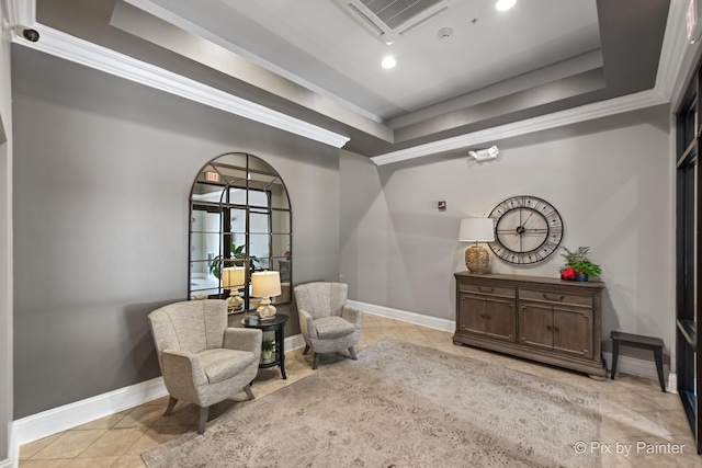930 Curtiss St Unit 104, Downers Grove, IL 60515 - sitting room with a tray ceiling, crown molding, tile patterned floors, and recessed lighting