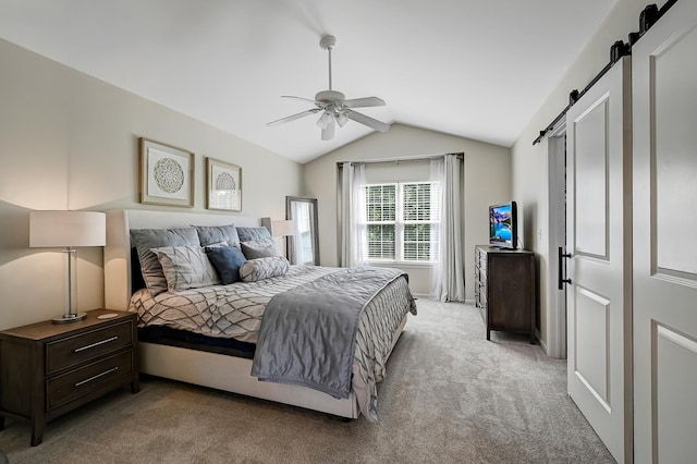 3211 Foxridge Ct, Woodridge, IL 60517 - bedroom with lofted ceiling, a barn door, light carpet, and a ceiling fan