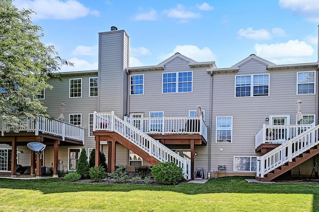 3211 Foxridge Ct, Woodridge, IL 60517 - back of property with stairway, a yard, a wooden deck, and a chimney