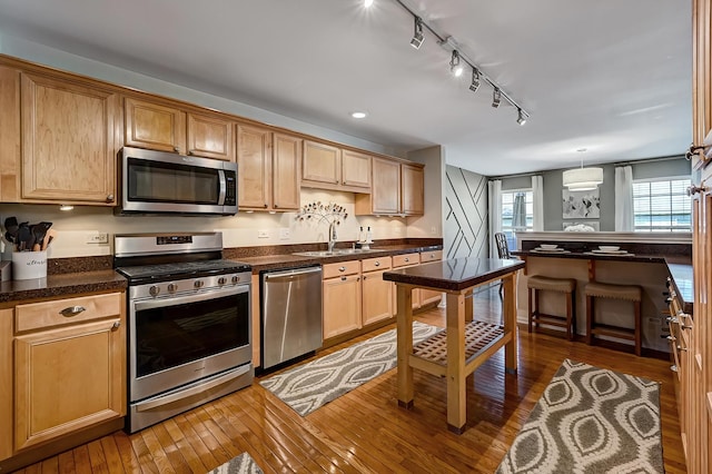 3211 Foxridge Ct, Woodridge, IL 60517 - kitchen featuring appliances with stainless steel finishes, rail lighting, hardwood / wood-style floors, dark countertops, and recessed lighting