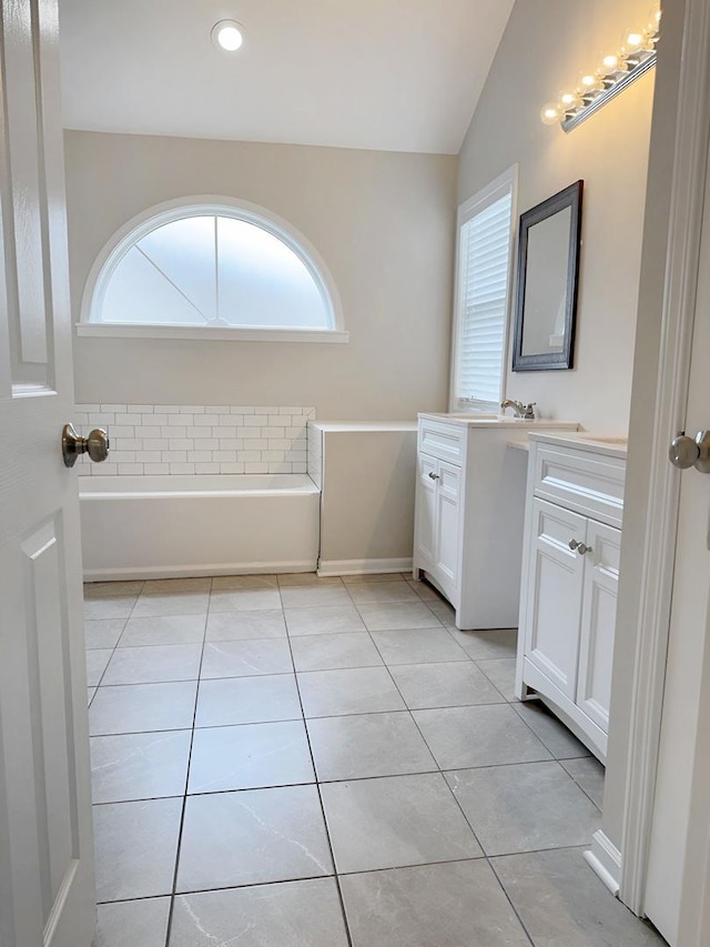 1214 Eric Ln, Lake Zurich, IL 60047 - bathroom with vanity, tile patterned floors, a bath, lofted ceiling, and recessed lighting