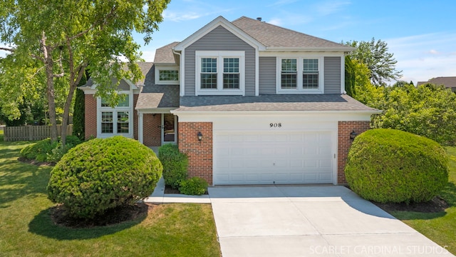 908 Pimpernel Ct, Naperville, IL 60540 - traditional-style home with brick siding, a garage, driveway, and a shingled roof
