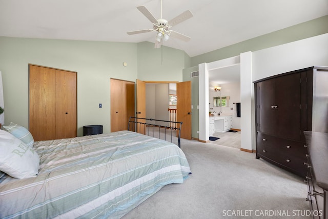 908 Pimpernel Ct, Naperville, IL 60540 - bedroom with multiple closets, light colored carpet, high vaulted ceiling, and a ceiling fan