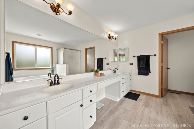 908 Pimpernel Ct, Naperville, IL 60540 - full bath with double vanity, wood finished floors, a shower with shower door, and a bath