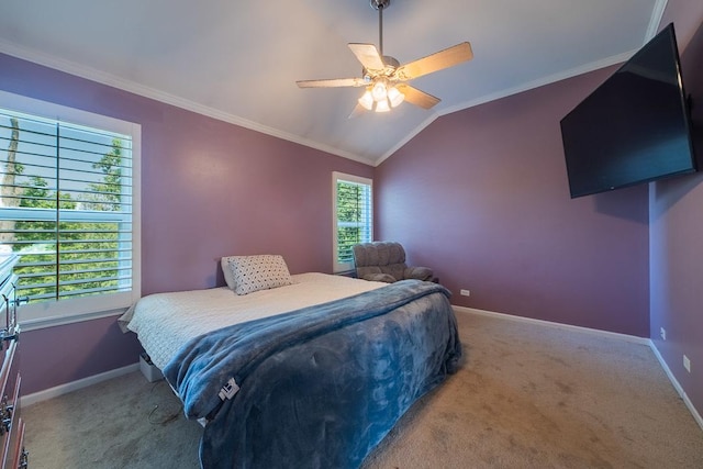 2211 Aspen Dr, Woodstock, IL 60098 - bedroom featuring crown molding, vaulted ceiling, carpet, and ceiling fan
