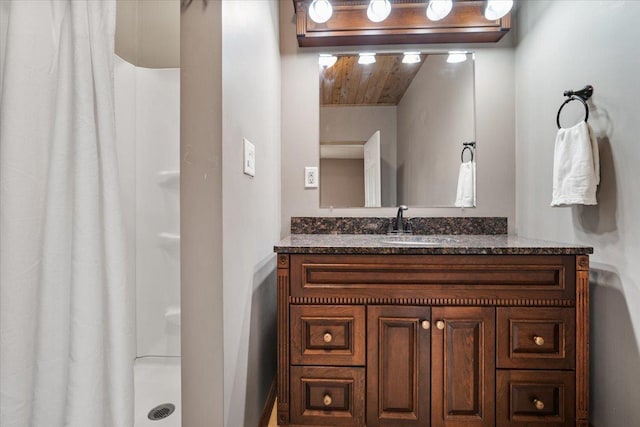 605 W 2nd N St, Wenona, IL 61377 - bathroom featuring vanity, a shower with curtain, and wood ceiling